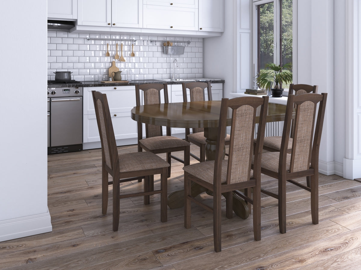 Set masa extensibila Kan 100x135 cm, lemn masiv, culoare nuc, blat din mdf cu 6 scaune tapitate S-37 Boss7 o2, stofa