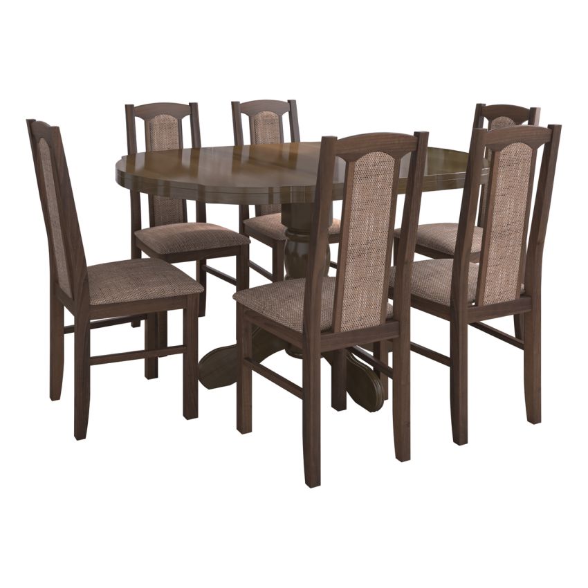Set masa extensibila Kan 100x135 cm, lemn masiv, culoare nuc, blat din mdf cu 6 scaune tapitate S-37 Boss7 o2, stofa