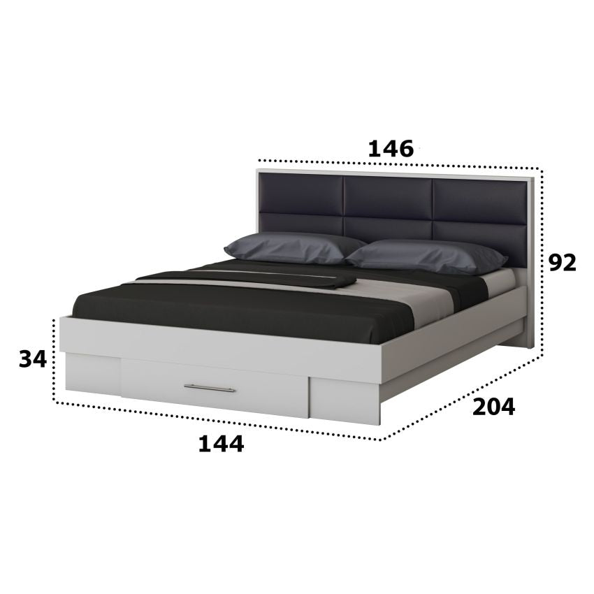 Dormitor solano, alb, dulap 120 cm, pat cu tablie tapitata negru 140x200 cm, 2 noptiere, comoda