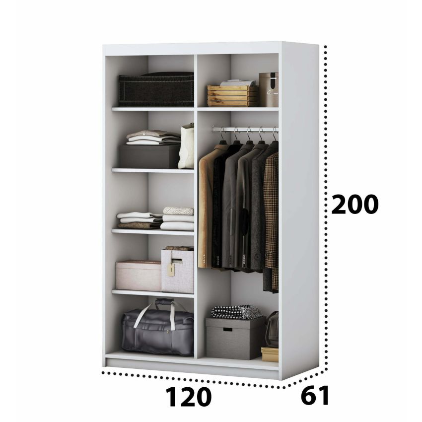 Dormitor solano, alb, dulap 120 cm, pat cu tablie tapitata negru 140x200 cm, 2 noptiere, comoda