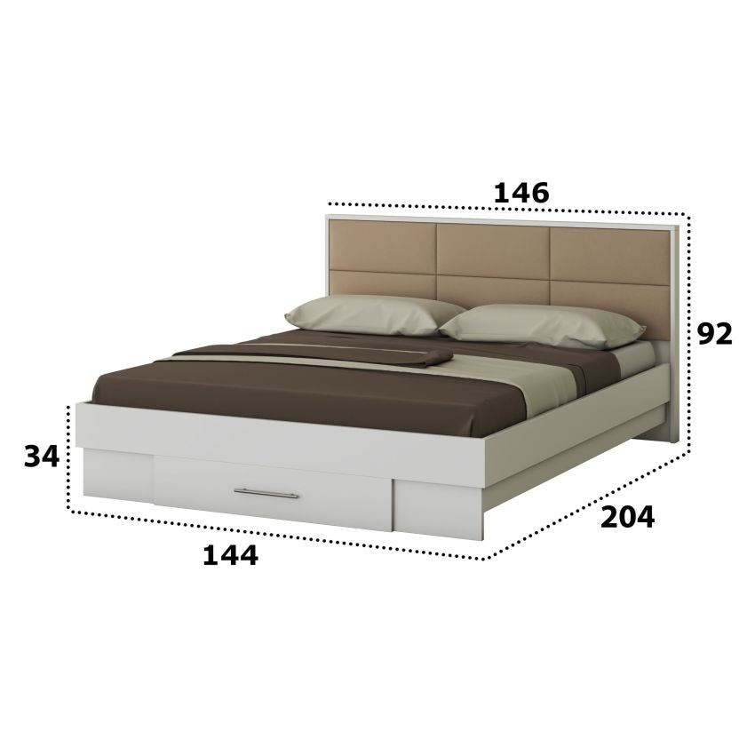 Dormitor Solano, alb, dulap 183 cm, pat cu tablie tapitata camel 140x200 cm, 2 noptiere, comoda