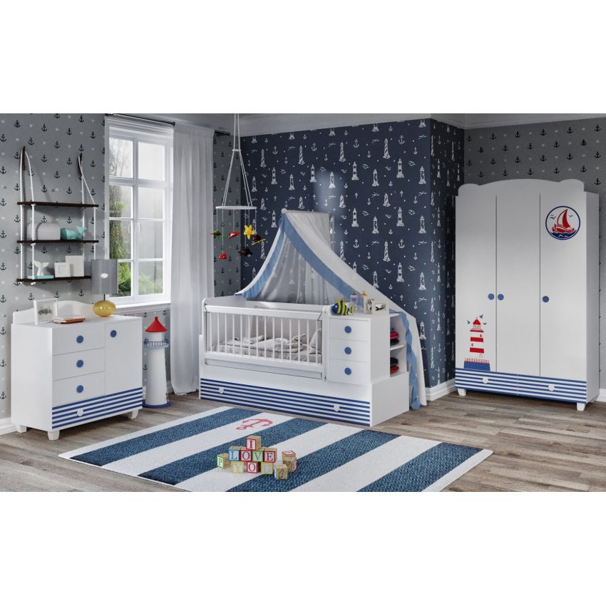 Dormitor tineret, Aqua marine, Alb Albastru, MDF