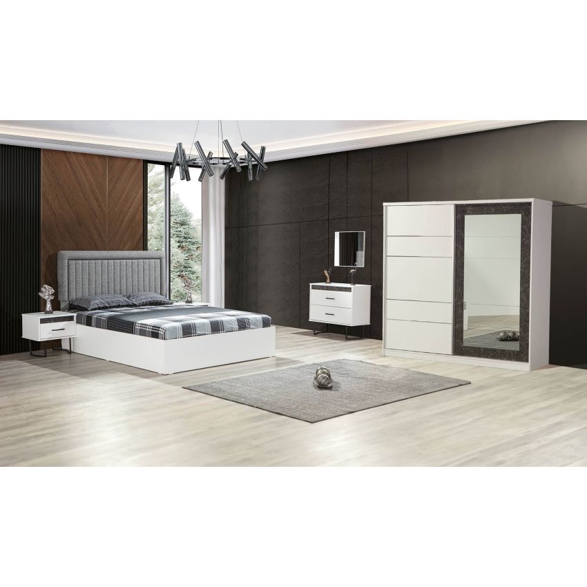 Dormitor Felix, alb, pat 160 x 200 cm, dulap cu 2 usi, 2 noptiere, comoda
