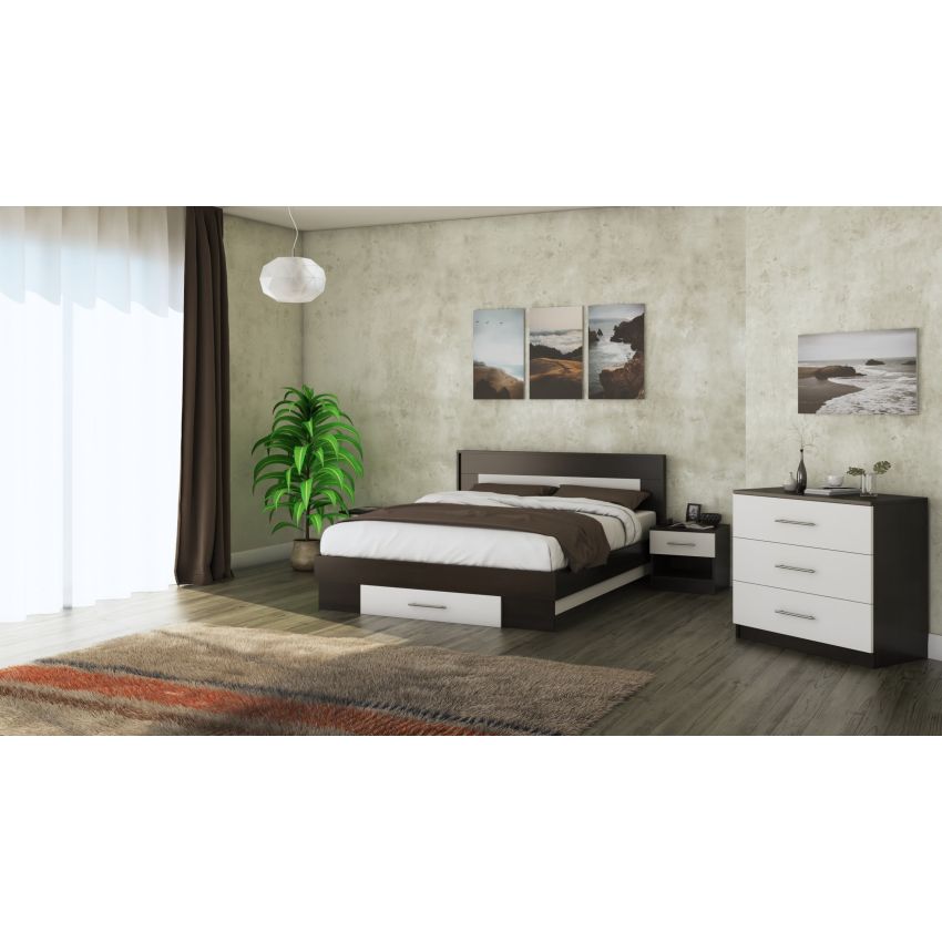 Pat Beta cu saltea, noptiere si comoda, 140×200 cm, wenge/alb