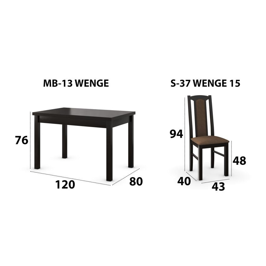 Set masa extensibila 120x150cm cu 4 scaune tapitate, mb-13 max5 si s-37 boss7 w15, wenge, lemn masiv, stofa