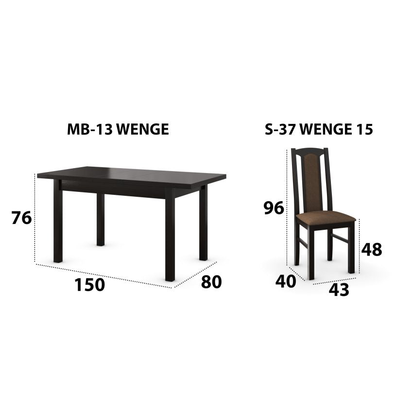 Set masa extensibila 120x150cm cu 4 scaune tapitate, mb-13 max5 si s-37 boss7 w15, wenge, lemn masiv, stofa