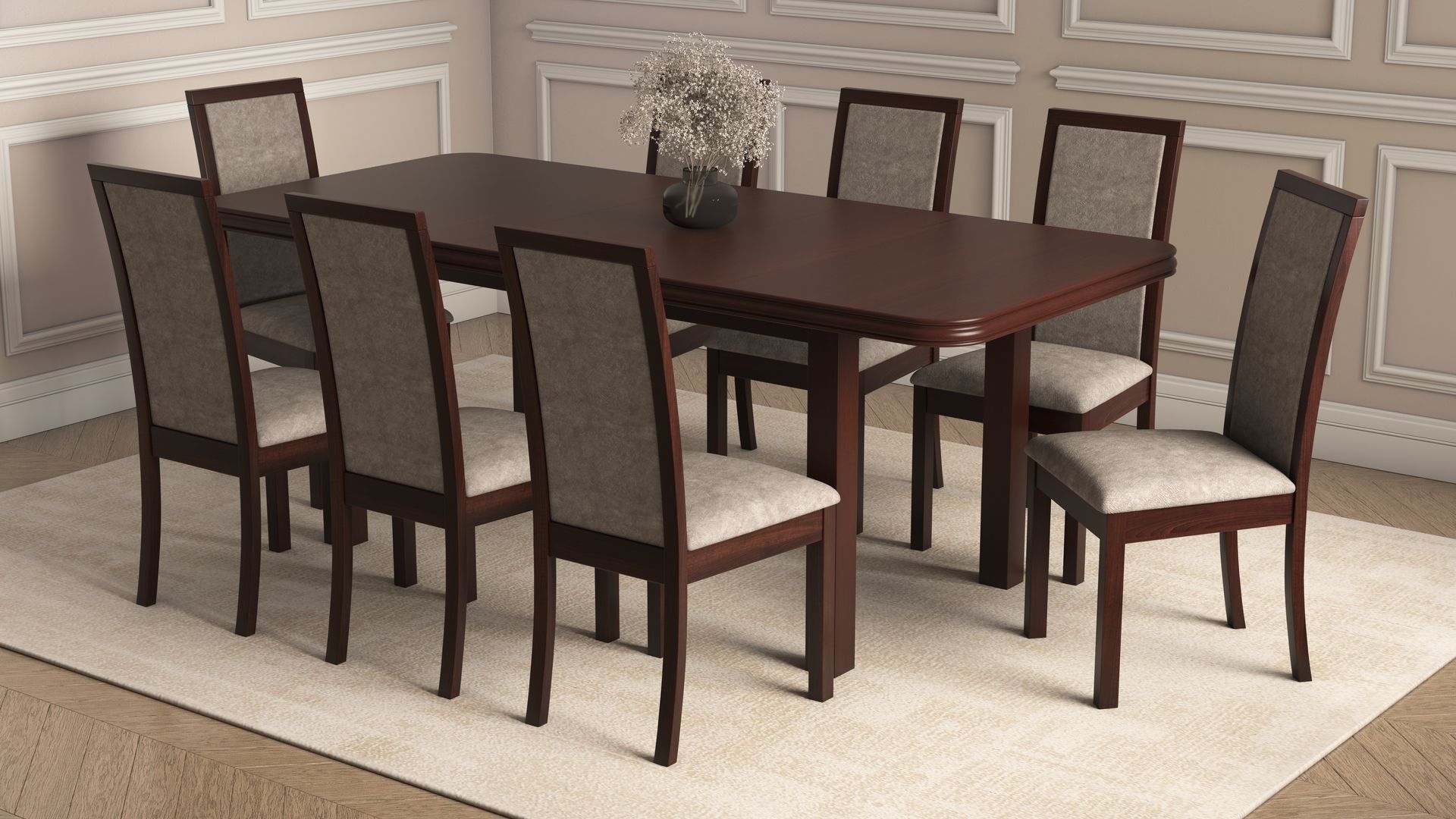Set masa extensibila 160/200x90 cm MB-13 Venus5 cu 8 scaune tapitate Roma4 O 25b, nuc, lemn masiv de fag, MDF, stofa