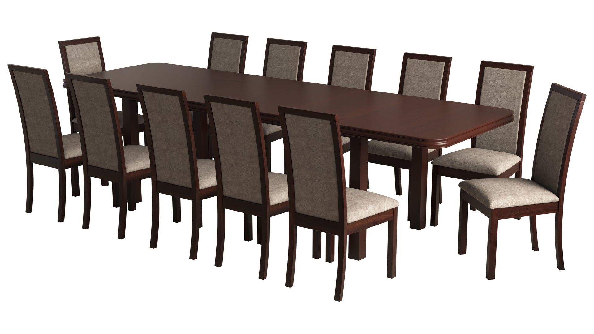 Set masa extensibila 160/240x90 cm MB-13 Venus8 cu 12 scaune tapitate Roma4 O 25b, nuc, lemn masiv de fag, MDF, stofa