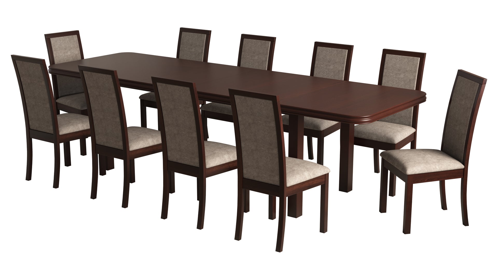 Set masa extensibila 160/240x90 cm MB-13 Venus8 cu 10 scaune tapitate Roma4 O 25b, nuc, lemn masiv de fag, MDF, stofa