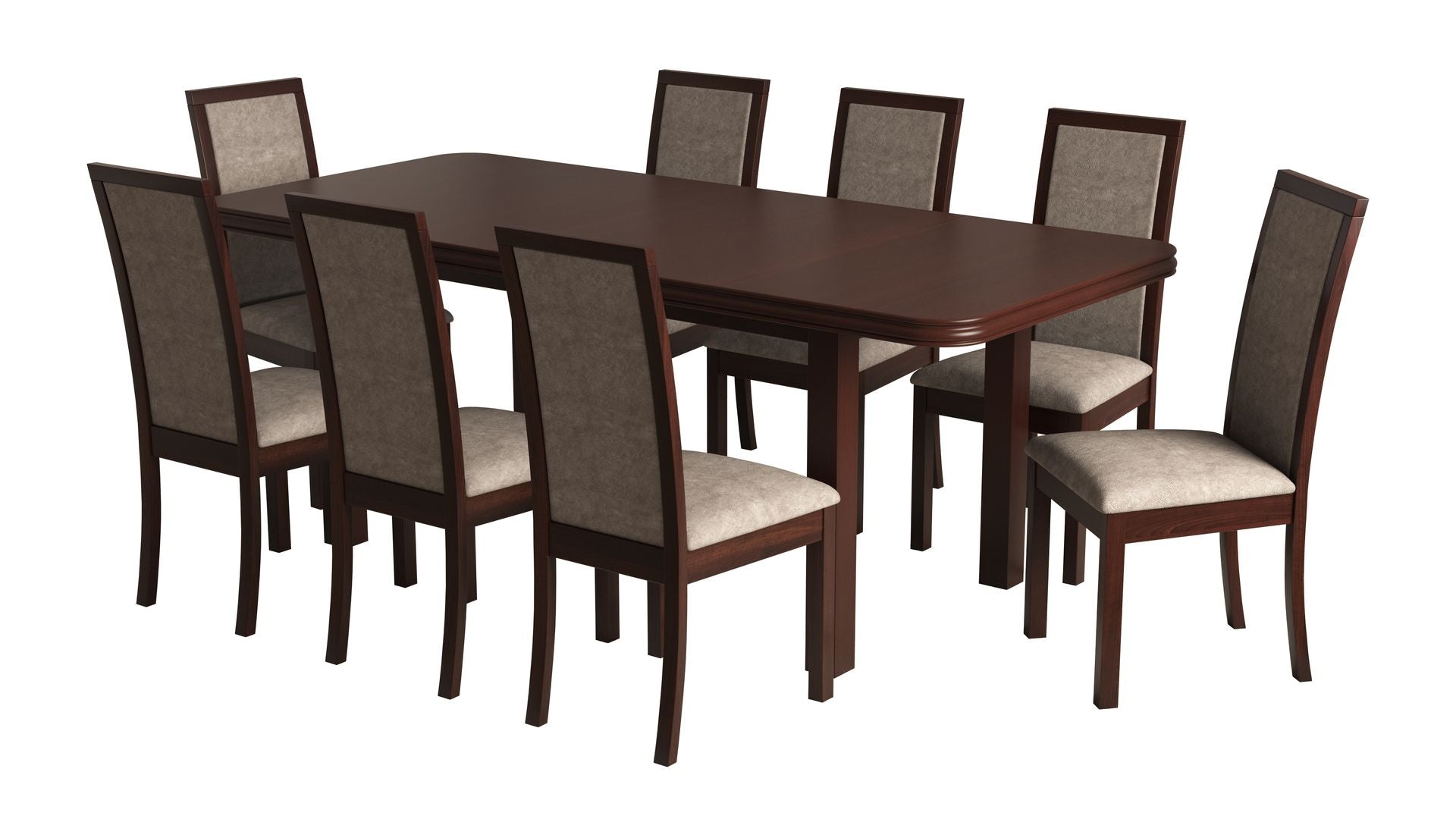 Set masa extensibila 160/200x90 cm MB-13 Venus5 cu 8 scaune tapitate Roma4 O 25b, nuc, lemn masiv de fag, MDF, stofa